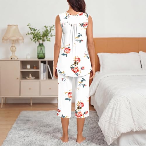 Image of Bestbee Women's Sleeveless Pajama Sets 2 Piece Sleepwear Summer Lounge Outfits Henley Tanks Capri Pants Ladies Pjs