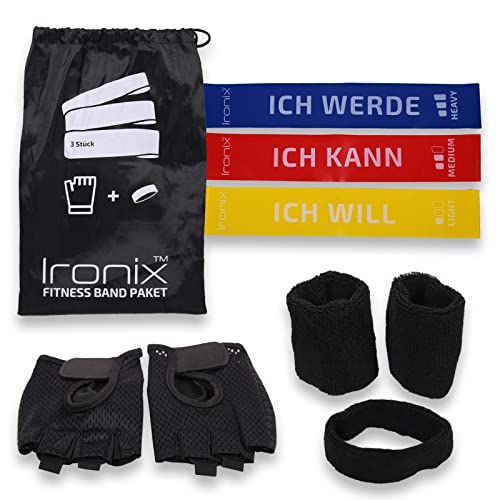 IRONIX Fitnessbänder Set in 3 Stärken, Widerstandsbänder für Krafttraining und Stretching, Sportbänder im praktischen Beutel mit Fitness-Zubehör Cover