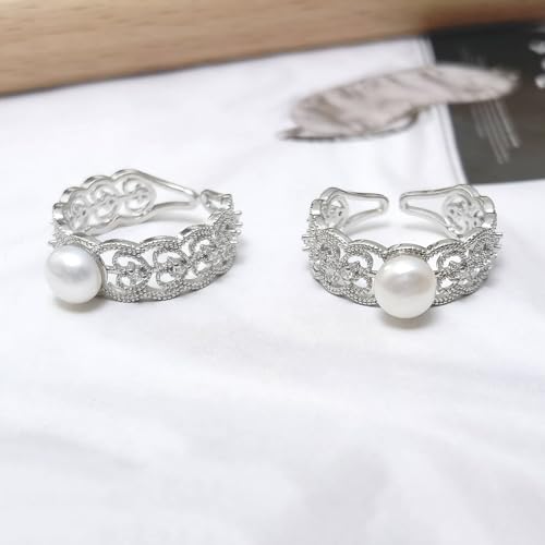 Silver Pearl Ring, Real Freshwater Pearl Rings for Women, Luxury Wedding Ring with Cubic Zirconia, Adjustable June Birthstone Ring Jewlery Gift3