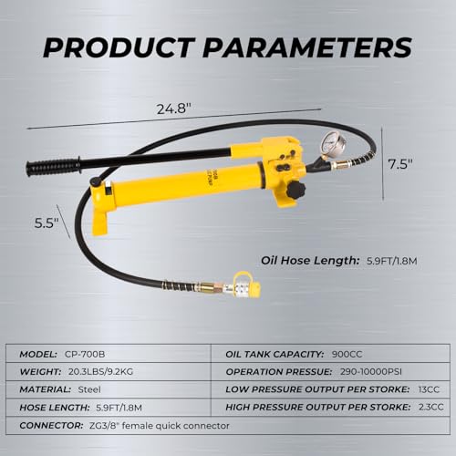 Image of SUZANNE Hand Operated Hydraulic Pump - 2 Speed, 10000 PSI with Pressure Gauge, 1.8m Hose, 900cc Capacity - Single Acting Manual Pump for Industrial Use, Model CP-700B