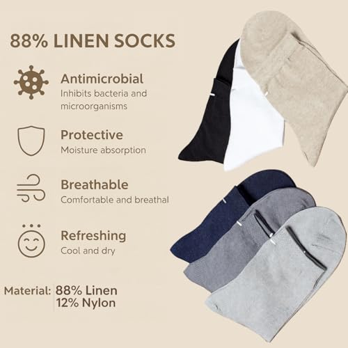 88% Linen Crew Dress Socks for Men and Women Durable Cool Comfortable Golf Socks for All Day Wear 6 Pairs Pack3