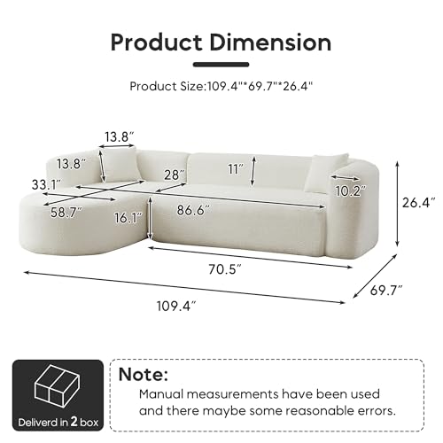 Image of Oversized Sectional Sofa with Chaise with 2 Throw Pillows, 109 inch Modern Luxury Chenille Sofa Extra Wide Seat L-Shape Curved Cloud Couch for Living Room (Left Chaise, Beige)