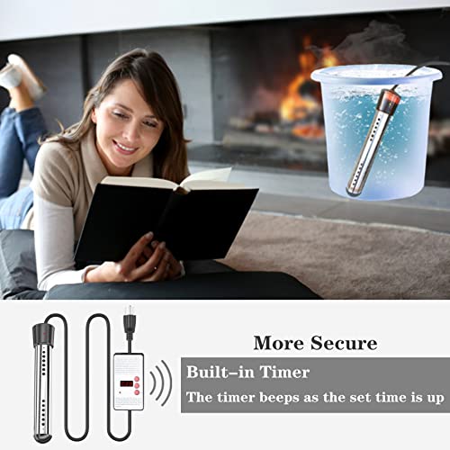 1500W Electric Immersion Water Heater For Bucket, Bathtub Heater With Timed Power Outage, Small Portable Heaters With 304 Stainless-Steel Guard, Heats 5 Gallons Water In Rapid (Built-In Timer) #TOP2