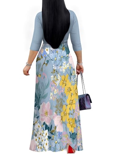 Image of SUZONANA Plus Size Dresses for Women Floral Print Maxi Dress Flowy 3 /4 Sleeve with Belt