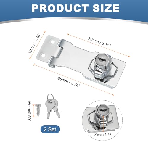 Image of MECCANIXITY Twist Knob Keyed Hasp Locks Safety Packlock Clasp Hasp Latches with Keys & Screws 3 Inch for Window Barn Drawer Cabinet Garage Small Doors (Pack of 2, Silver)