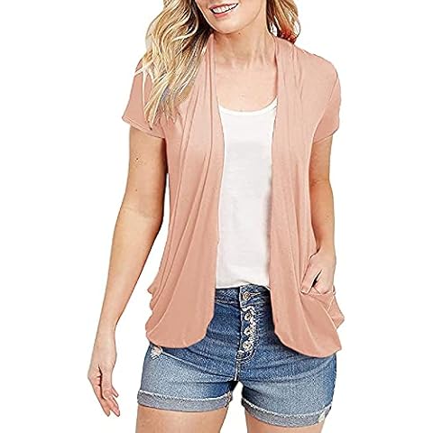 Womens Cardigans Short Sleeve Summer Lightweight Sheer Open Front Drape Sweater Tops - pink - Small Cover