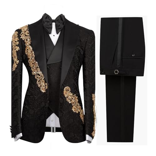 Mens Luxury Jacquard 3 Pieces Suit with Rhinestone Slim Fit Peaked Lapel Blazer Jacket Vest Pants Set for Prom,Party
