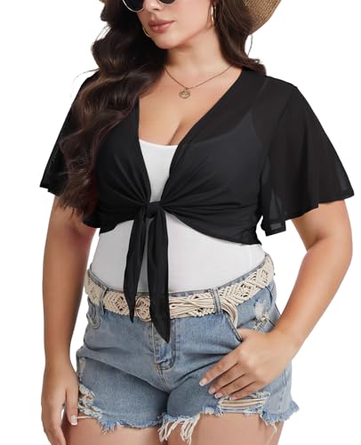 Image of Women Crop Cardigan Sheer Mesh Bolero Shrugs for Dresses Plus Size Tie Front Cardigans Ruffled Short Sleeve Tops