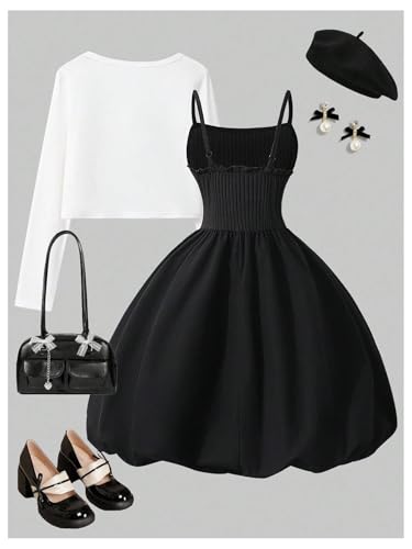 Verdusa Girl's 2 Piece Bow Outfits Open Front Lightweight Jacket with Sleeveless Bubble Dress2