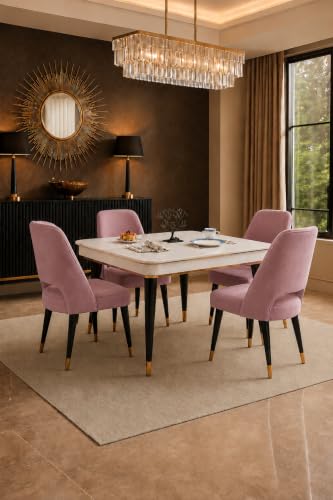 Image of WOODEN SPACE 4 Seater Wooden Dining Table Set | Urban Marble Top Dining Table with Chairs for Dining Room & Kitchen (Modern Vintage Pink) (42 x 42 x 30 inch)