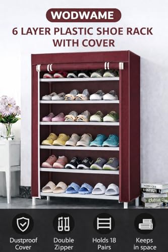 Image of 6-Tier Shoe Rack with Dust-Proof Cover, Black with Gold Trim, Multi-Pair Storage Organiser (Maroon)