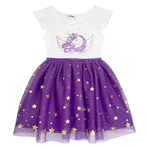 Purple Unicorn Tutu Dress for Girls Casual Short Sleeve Princess Party Wedding Birthday Tulle Girl Dresses for Girl 3-7Y
