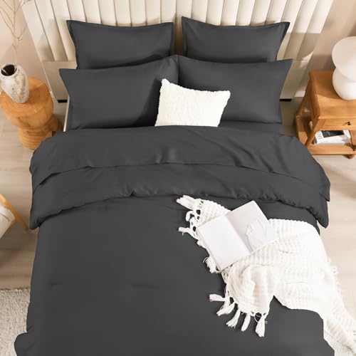Image of Litanika Comforter California King Size Set Dark Grey - 7 Pieces Bed in a Bag California King Bedding Comforter Sets, Plain Lightweight Bed Set with Comforter, Sheets, Pillowcases & Shams