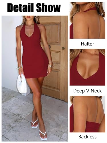 Image of Women's Sexy Halter V Neck Mini Dress for Women Summer Slim Fit Going Out Club Party Bodycon Short Dresses