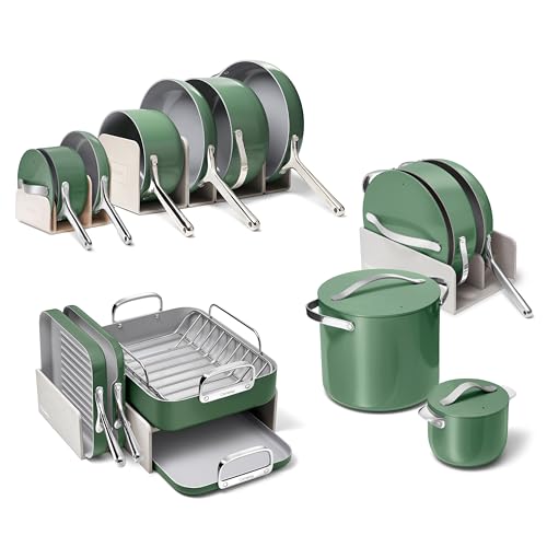 Image of Caraway 31-Piece Ceramic Cookware Bundle - Fry Pans, Saucepans, Saute Pan, Dutch Oven, Petite Cooker, Stir Fry, Rondeau, Stock Pot, Grill & Griddle Pans, Roasting Pan, Racks, Organizers - Sage