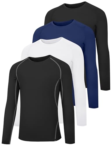 HOPLYNN Youth Boys Compression Shirts Long Sleeve Quick Dry Cold Weather Gear Undershirts for Kids Athletic Sports Football Basketball-2 Black 1 Blue 1 White-M