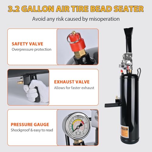 Image of 3.2Gal /12L Tire Bead Seater, 145 PSI Portable Tire Inflator, Handheld Trigger Seating Inflator for Tractor, Truck, ATV, Car & Auto Repair, Black