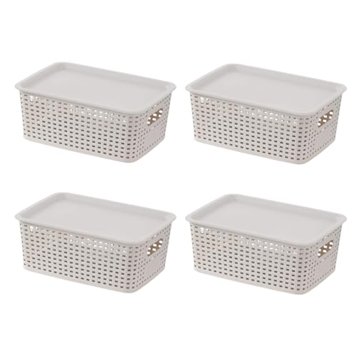 収納ボックス 竹製蓋付き 小物入れケース 収納ケース 取っ手付き プラスチックケース バスケット 2/4個セット 大容量 カラーボックス 整理整頓 クローゼット 押入れ収納 洗面所 キッチン収納 リビング オフィス収納 (ホワイト,プラスチックキャップ-4