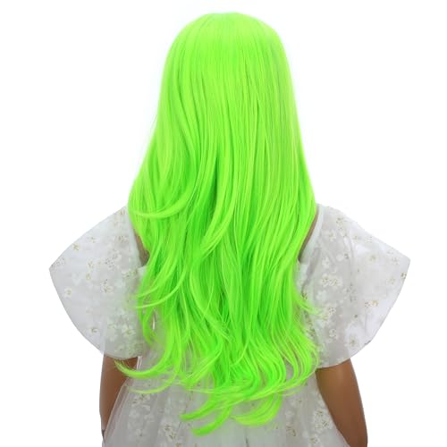 Image of Neon Green Wig for Kids Girls Long Green Ombre Middle Part Wig Children Light Green Wavy Curly Wig Heat Resistant Synthetic Wig with Wig Cap