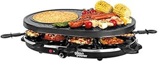 Giles & Posner EK4512G Electric Non-Stick Raclette Grill and Crepe Maker, Serve Up to 8 People, 43 x 30 cm Grill Plate, 1200 W, 8 Grill Pans & Wooden Spatulas, Adjustable Temperature Control