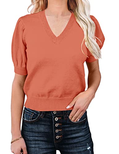 Image of Womens Puff Short Sleeve Sweater Tops Crewneck Basic Knit Pullover Lightweight Solid Casual Sweaters