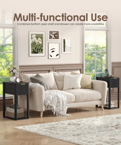 Image of Akxomel Narrow Nightstand Set 2 with Charging Station Fluted Table Black