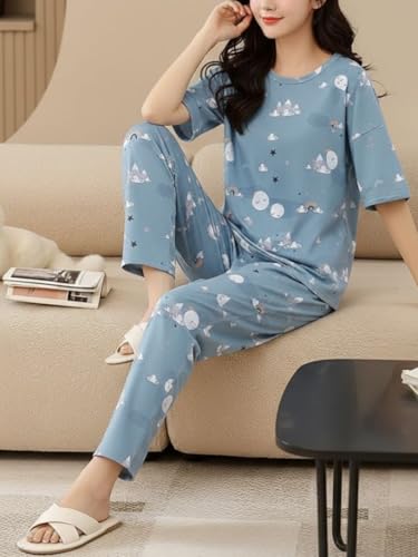 Image of Women's Korean Style Night Suit Set | Cotton Half Sleeve Top & Pyjama Set | Round Neck Printed Nightsuit | Comfortable Nightwear & Loungewear for Women | Sleepwear Pjs Lounge Set |Co-ords Outfit