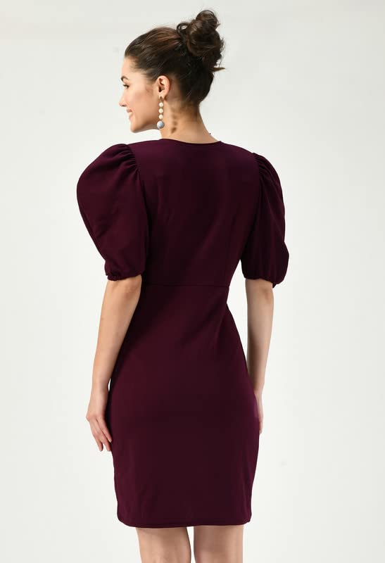 Image of Women's Puff Sleeve V-Neck Bodycon Casual Mini Dress