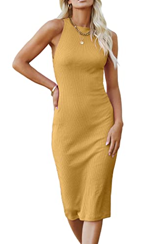 Image of PRETTYGARDEN Women's Summer Ribbed Bodycon Midi Dresses | Soft Stretchy Knit, Sleeveless Tank Dress, Slim Fitted, Elegant Spring Outfit for Work, Vacation Travel, Date Night, Party