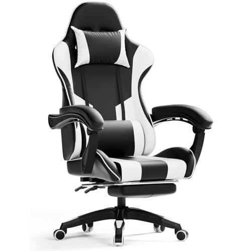 INVOKER Gaming Stuhl, Ergonomischer Gaming Sessel Computer Bürostuhl mit Fußstütze, Gaming Chair, 90-135° Rückenlehne einstellbar PC Stuhl mit 360° drehbar, Schwarz und Weiß
