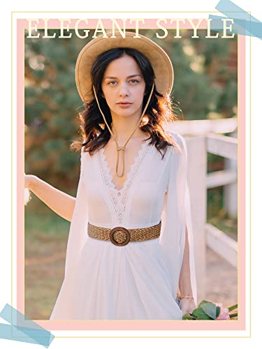 Geyoga 6 Pack Women Straw Belt Woven Elastic Stretch Waist Belt Skinny Braided Waist Boho Rattan Wood Buckle for Women Dress, 2 Sizes4