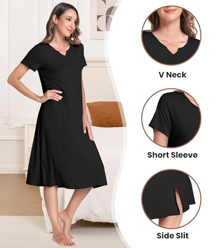 Image of NACHILA Women's Nightgowns-Viscose Made from Bamboo, Short Sleeve Sleepshirts V Neck Night Dress Cool Sleepwear