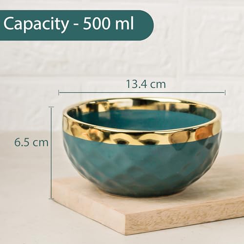 Image of The Earth Store Teal Diamond Gold Ceramic Bowl Set of 2 - 500ML Each | Ceramic Mixing Bowls for Snacks, More | Rice, Dal, Fruits, Salad | Perfect for Gifting & Daily Use
