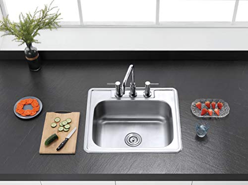 Kingston Brass Gourmetier Gkts2520 Self Rimming Single Bowl Kitchen Sink 3 Holes 25-Inch-Length By 22-Inch-Width By 6-Inch-Depth, 22 Gauge, Brushed Stainless Steel #TOP1