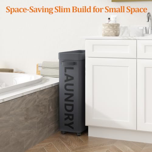 Image of Optish 50L Slim Rolling Laundry Basket with Wheels & Removable Bag, Grey