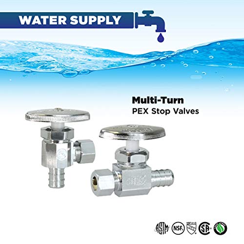 Image of Midline Valve 72512QS-OM-5 Water Supply Stop Valve with Multi-Turn Wheel; Straight Shut-off for Toilet, Sink, Dishwasher, Heater; 1 /2'' PEX B x 3 /8'' Compression; Chrome Plated Brass (5 PK)
