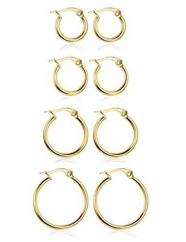 LOYALLOOK Stainless Steel Rounded Small Hoop Earrings Set for Women Nickel Free 4 Pairs Gold
