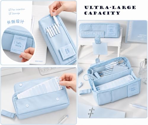 Image of Invite Multi-Functional Soft Pencil Case for Girls | Large Capacity Zipper Pouch with Multiple Compartments | Aesthetic Stationery Organizer for School, College & Office (Soft More Blue)