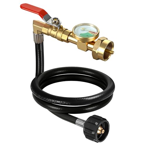 Propane Refill Adapter for 1 lb Tanks 3FT Hose with Pressure Gauge & ON/Off Valve QCC1/Type1 20lb to 1lb Propane Tank Refill Adapter Heavy-Duty Brass Propane Transfer Hose for Camping Grill