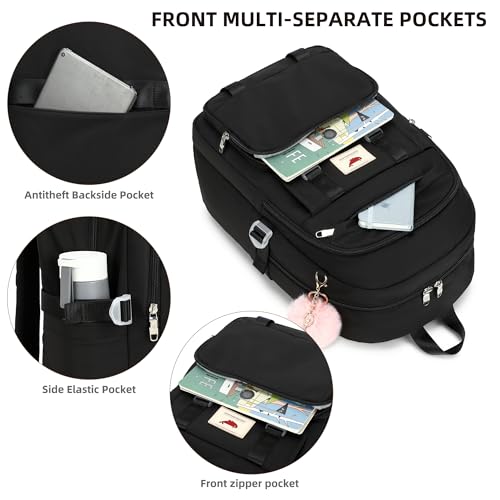 3 PCS Backpack for Teen Girls,Laptop Backpacks 15.6 Inch School Bag with Lunch Box Pencil Pouch Set for Students Aesthetic College Bookbag Travel Daypack(Black)3