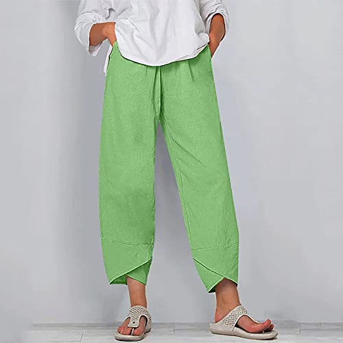 Image of Womens Cotton Linen Capri Pants Casual Elastic Printed Ankle Pants | Cotton Linen Capri Pants for Women 2025 Casual Printed Cropped Palazzo Pants Elastic Waist Lounge Baggy Trousers