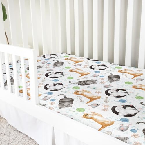Image of Watercolor Cats Baby Crib Sheets 52''x28'' - Cute Paws Milk Snug Fitted Mattress Cover for Boy Girl - Soft Nursery Bed Sheets for Standard Crib and Toddler Mattresses - Cat Lovers Gift