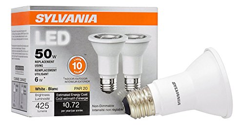 Sylvania LED PAR20 Flood Light Bulb, 50W = 6W, 10 Year, Non-Dimmable, 425 Lumens, 3000K, Warm White – 2 Pack (79279)