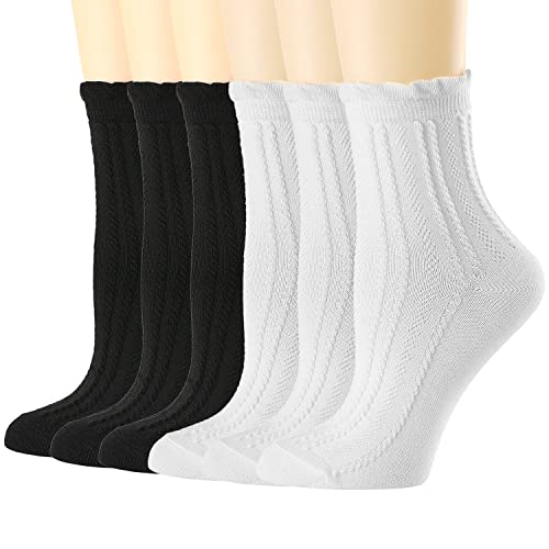 Mcool Mary Women's Crew Socks,Casual Dress Socks Casual Cotton Knit Comfy Ruffle Frilly Ankle Socks For Women 6 Pack