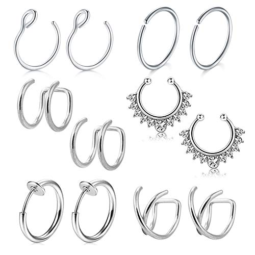 D.Bella Fake Nose Ring Hoop, 12pcs Silver Faux Fake Lip Ear Nose Septum Ring Non-Pierced Clip On Nose Ear Rings