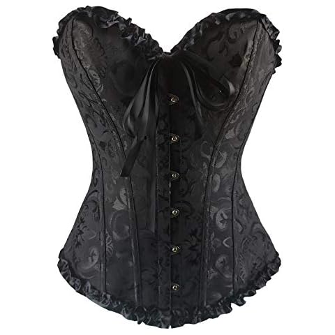 BLDF Women Lace Up Floral Lace Red Burlesque Basque Bustier Shaper Overbust Boned Corset Top (Floral Black, S/UK 6) Cover