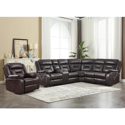 Image of EBELLO Faux Leather Reclining Sectional Sofa Set for Living Room, 1 Recliner Chair and L-Shaped Reclining Couches Home Furniture Set with Center Console, Hidden Cup Holders and Storage, Dark Brown