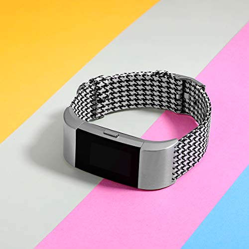 Maledan Bands Compatible with Fitbit Charge 2 and Charge 2 HR Fitness Activity Tracker for Women Men, Durable Woven Fabric Watch Band Replacement Accessories Strap Wristband, Small, Black/White Plaid - Thumbnail 4