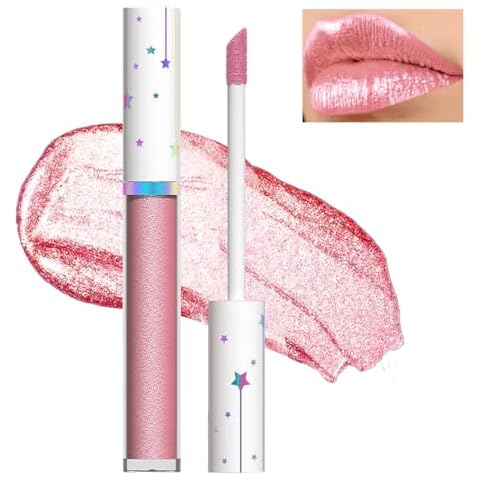 LZXLUKGIR Pink Lip Gloss Metallic Glitter Lip Gloss Shimmer Liquid Lipstick,Water Tint Lip Stain Long Lasting Waterproof Nude Lip Gloss,Sparkly Glossy Lip Makeup for Women（Nude Pink） Cover