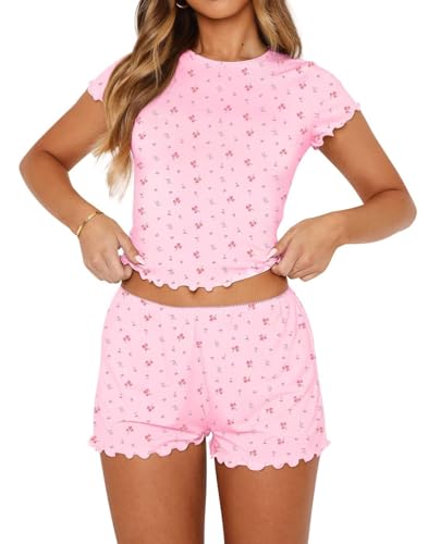 Image of Dressmine Women Sexy PJ Sets Cute Pajamas Set 2 Piece Sleepwaer Outfits | Woman Cute Pajamas Set 2 Piece Sets Casual Y2k Crewneck Tops Sleepwear 2026 Fall Sexy PJ Shorts Sets Vacation Clothes